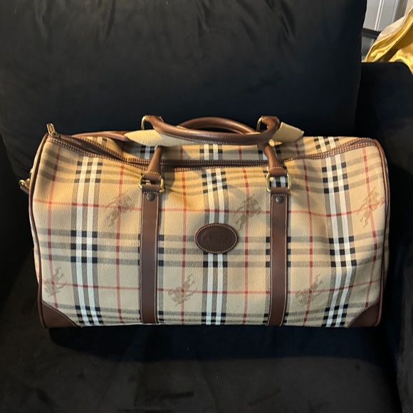 Burberry Beige and Brown Plaid Duffel Bag